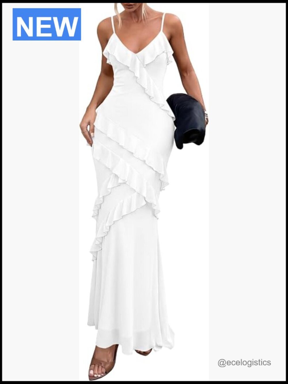 V Neck Bodycon Maxi Dress Spaghetti Strap Sleeveless Ruffle Mesh Summer